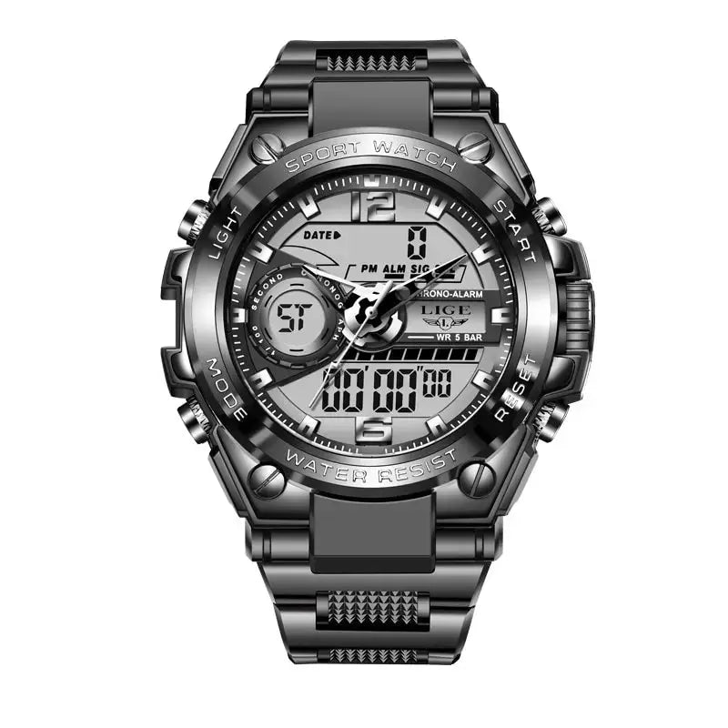 LIGE men's military sport watch, stainless steel bracelet, digital-analog display, 50m water resistant