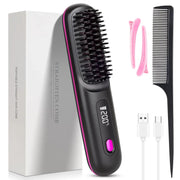Simples Market USB charging cordless hair straightener brush with LED display, ceramic coating, pink trim and accessories
