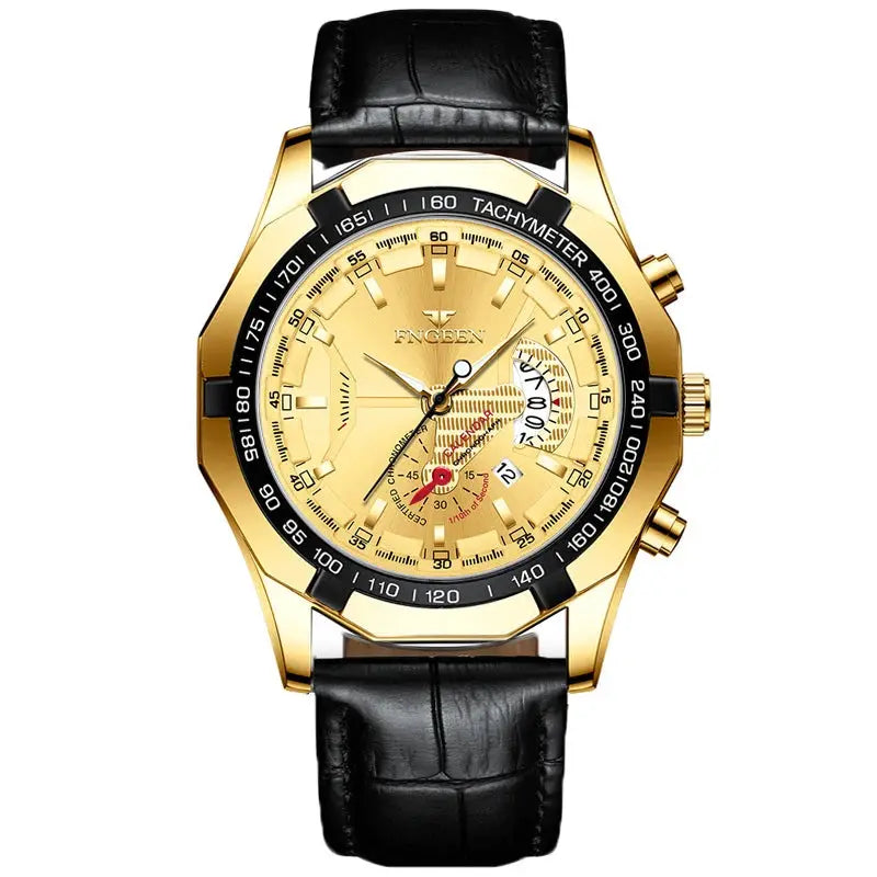 BINBOND men's quartz watch with gold-tone stainless steel case, black tachymeter bezel, and black leather strap.