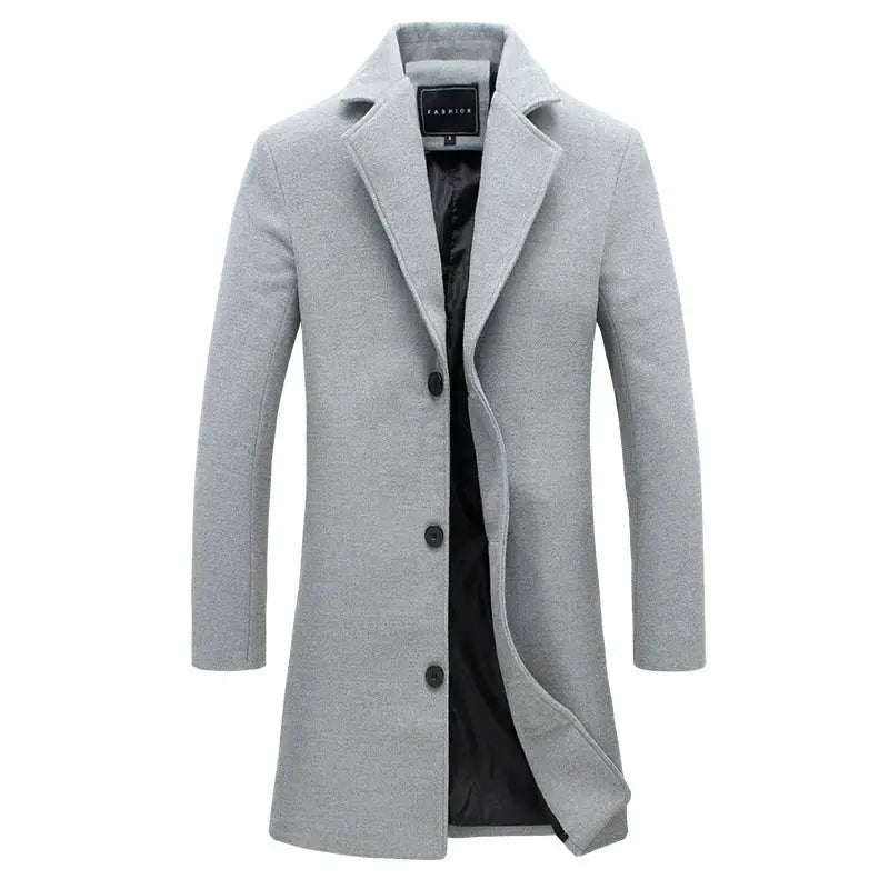 Men's gray wool overcoat, mid-length, single-breasted