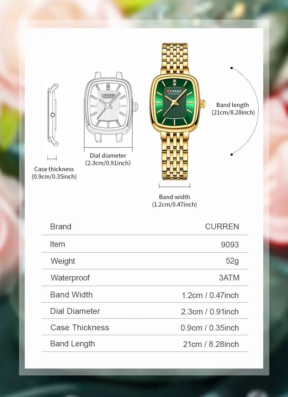 CURRN 9093 women's quartz watch by Simples Market, gold-tone stainless steel bracelet, green dial