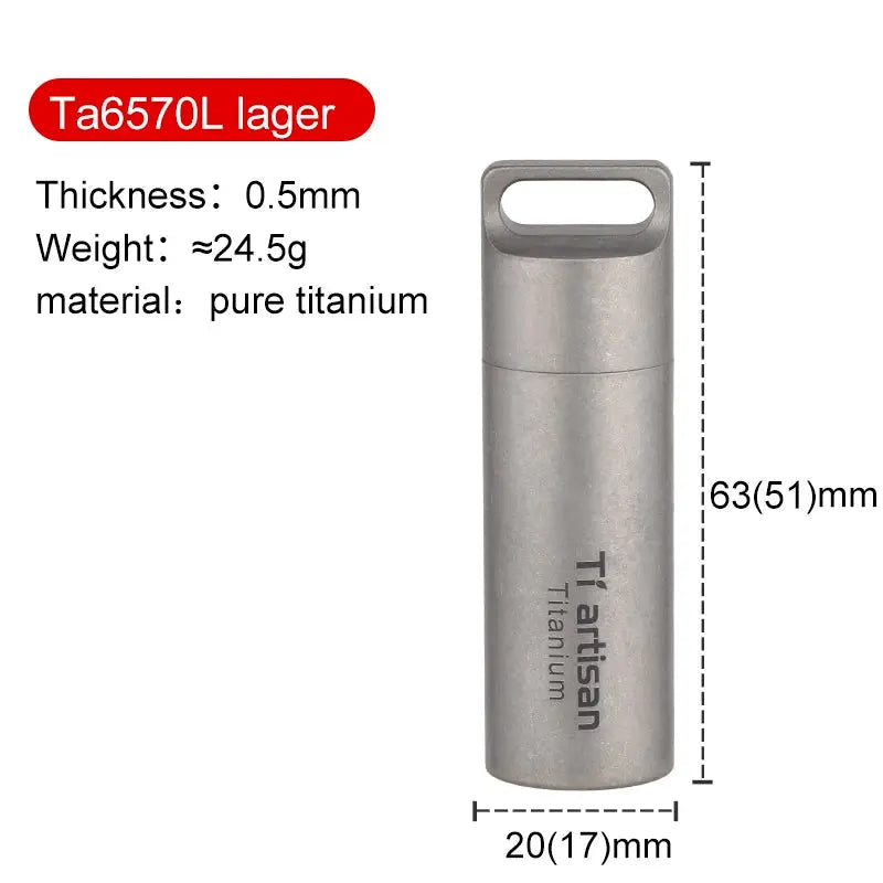 Tiartisan titanium mini EDC pill bottle, compact waterproof silver pill container with Tiartisan logo.