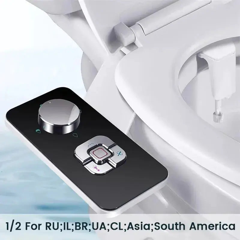 SAMODRA Bidet Attachment by Simples Market; black non-electric cold-water bidet panel with chrome dial on a toilet.