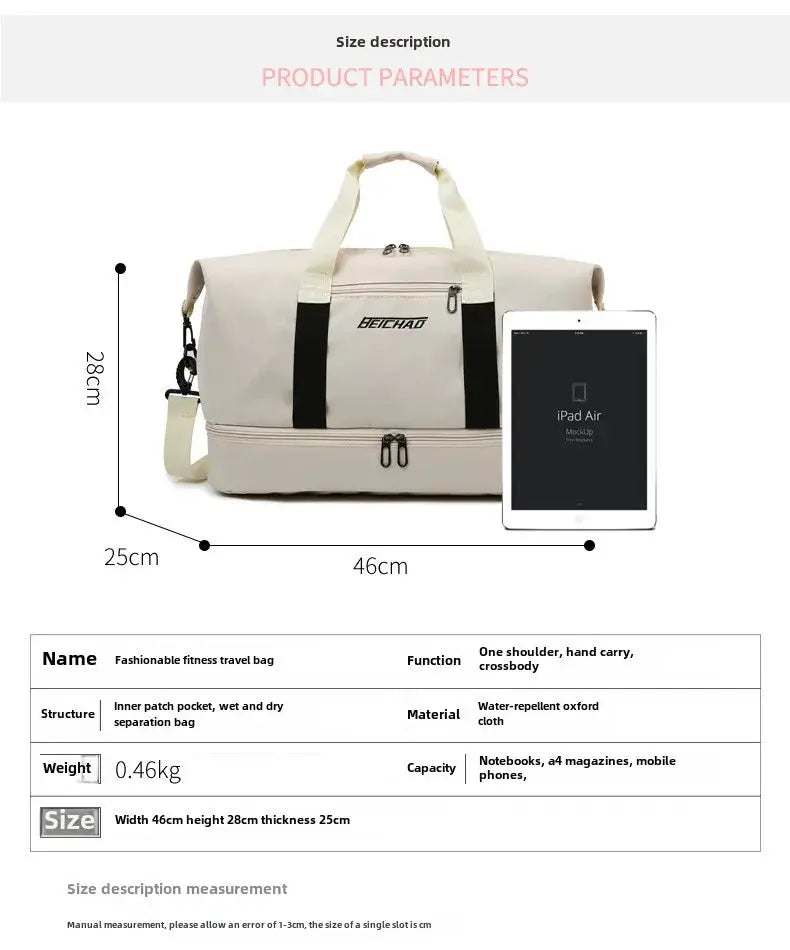 Simples Market expandable travel duffle bag, beige water-repellent oxford cloth with black handles and crossbody strap