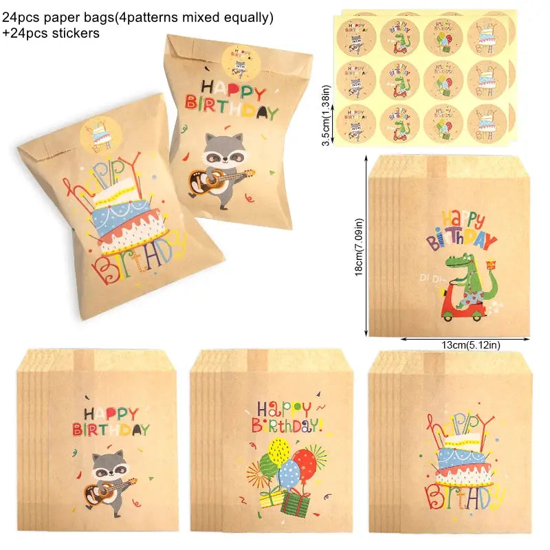Simples Market 24 kraft paper gift bags with rainbow dino birthday designs and 24 stickers
