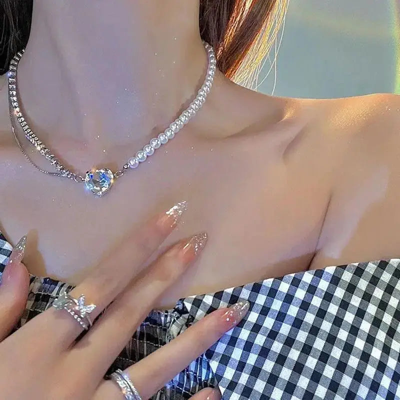 Kpop pearl bead choker necklace with silver-tone chain and heart pendant