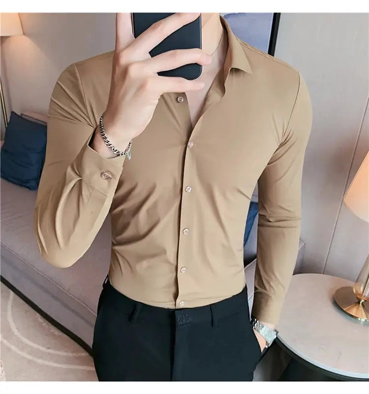 Men's beige long-sleeve dress shirt, slim fit with stretch seamless fabric
