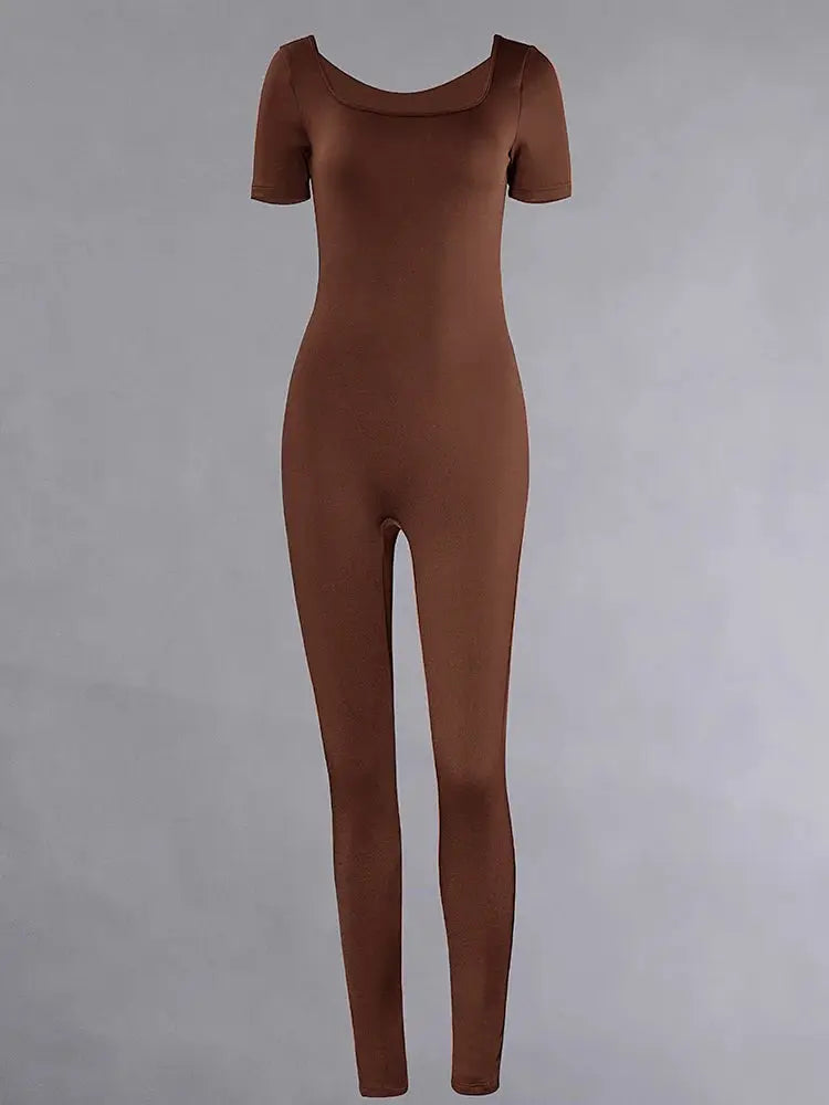 Women's brown short-sleeve jumpsuit with a skinny bodycon fit.