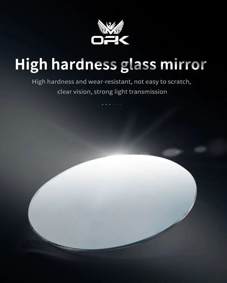 OPK high-hardness glass mirror, circular reflective disk with metallic rim on a dark gradient background.