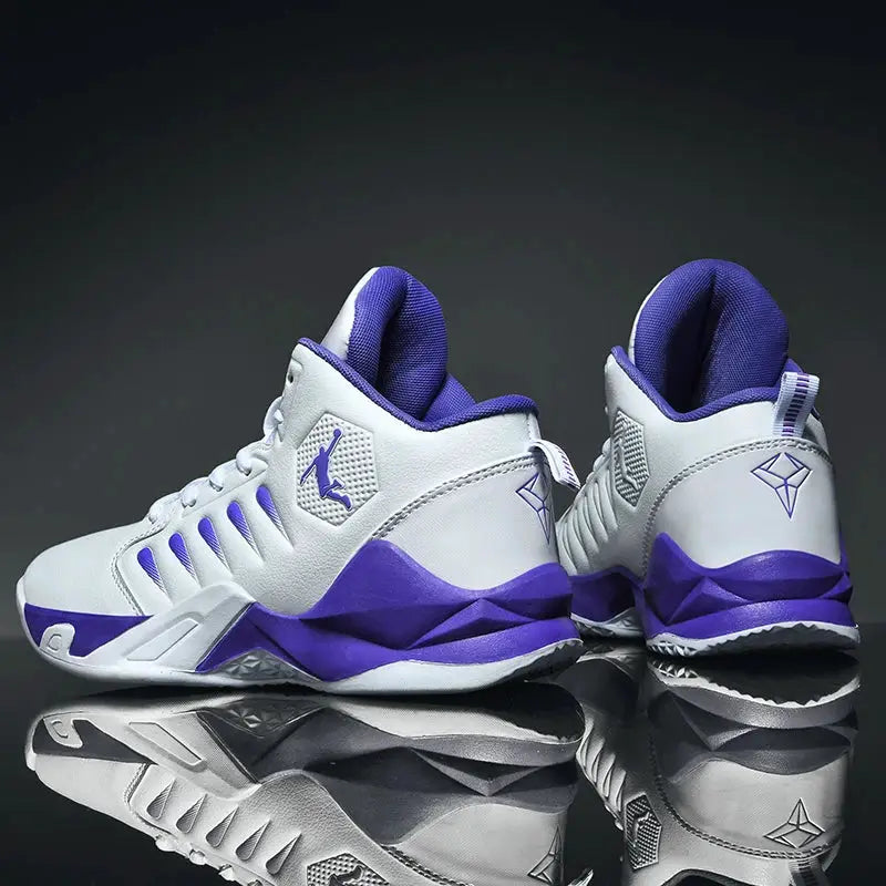 Men's white and purple sneakers by Simples Market, high-top running shoes with purple sole and blue side logo, 2 shoes