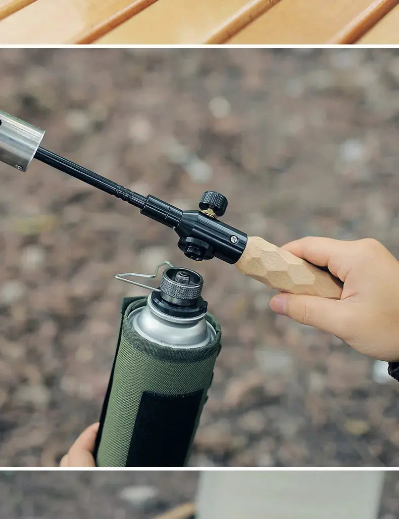 Butane adapter with bracket for camping stove; black metal joint with wooden handle attached to a green canister