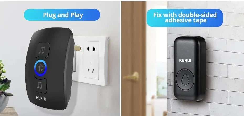 KERUI wireless doorbell set: black indoor receiver plugged into outlet and outdoor button mounted on wall.
