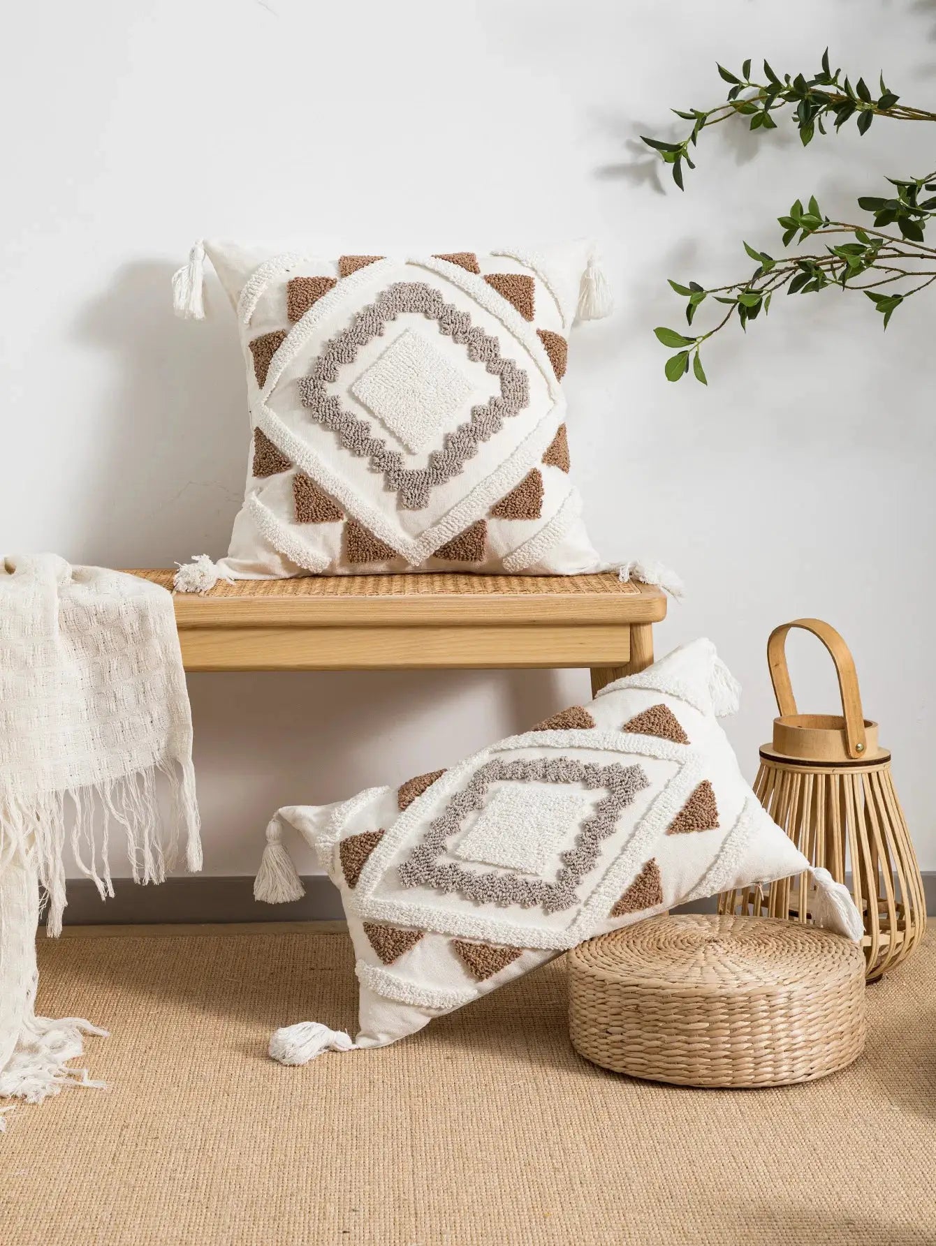 Simples Market bohemian geometric pillow covers in white with taupe and brown loop velvet texture; set of 2