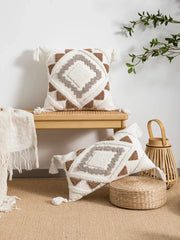 Simples Market bohemian geometric pillow covers in white with taupe and brown loop velvet texture; set of 2