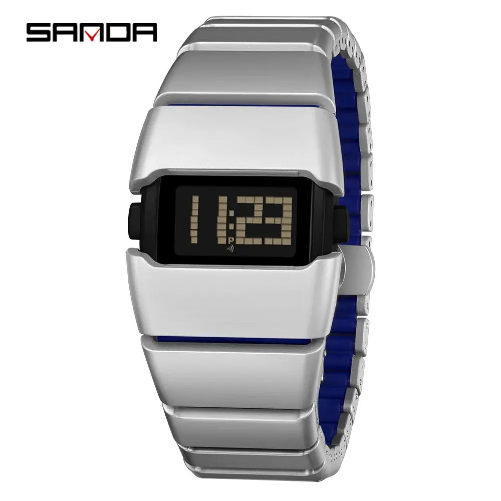 SANDA 9504 retro digital watch with silver metal bracelet and blue inner links