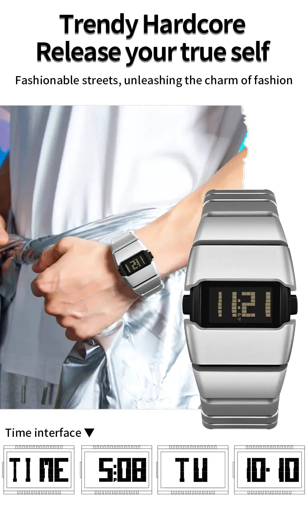 SANDA 9504 Y2K retro digital watch, silver metal band