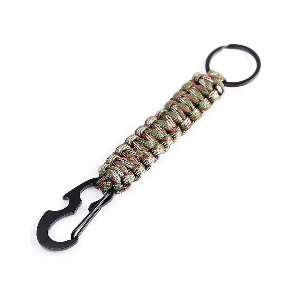 Paracord keychain with military braided rope, black bottle opener and carabiner in olive green camouflage.