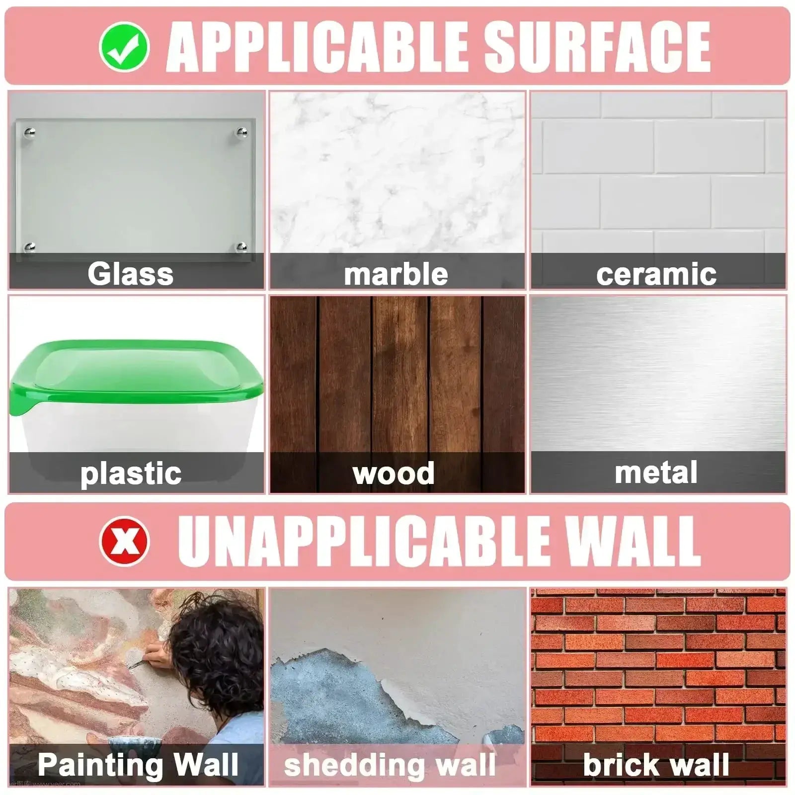 Reusable double-sided adhesive tape; suitable for wall decals and works on glass, marble, ceramic, plastic, wood, metal.