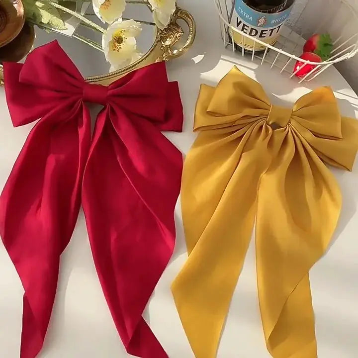 Korean Satin Bowknot Hair Clip For Women And Girls Long Ribbon Solid Color Barrette Hair Accessory