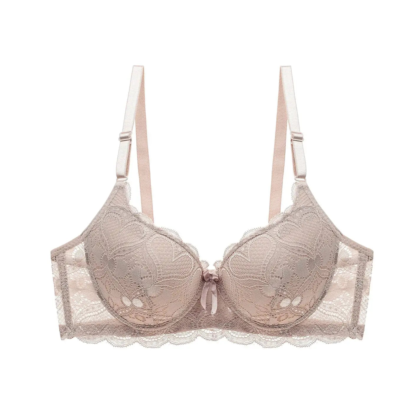 Sexy push-up bra by Simples Market, nude beige lace cups with scalloped edges and adjustable straps