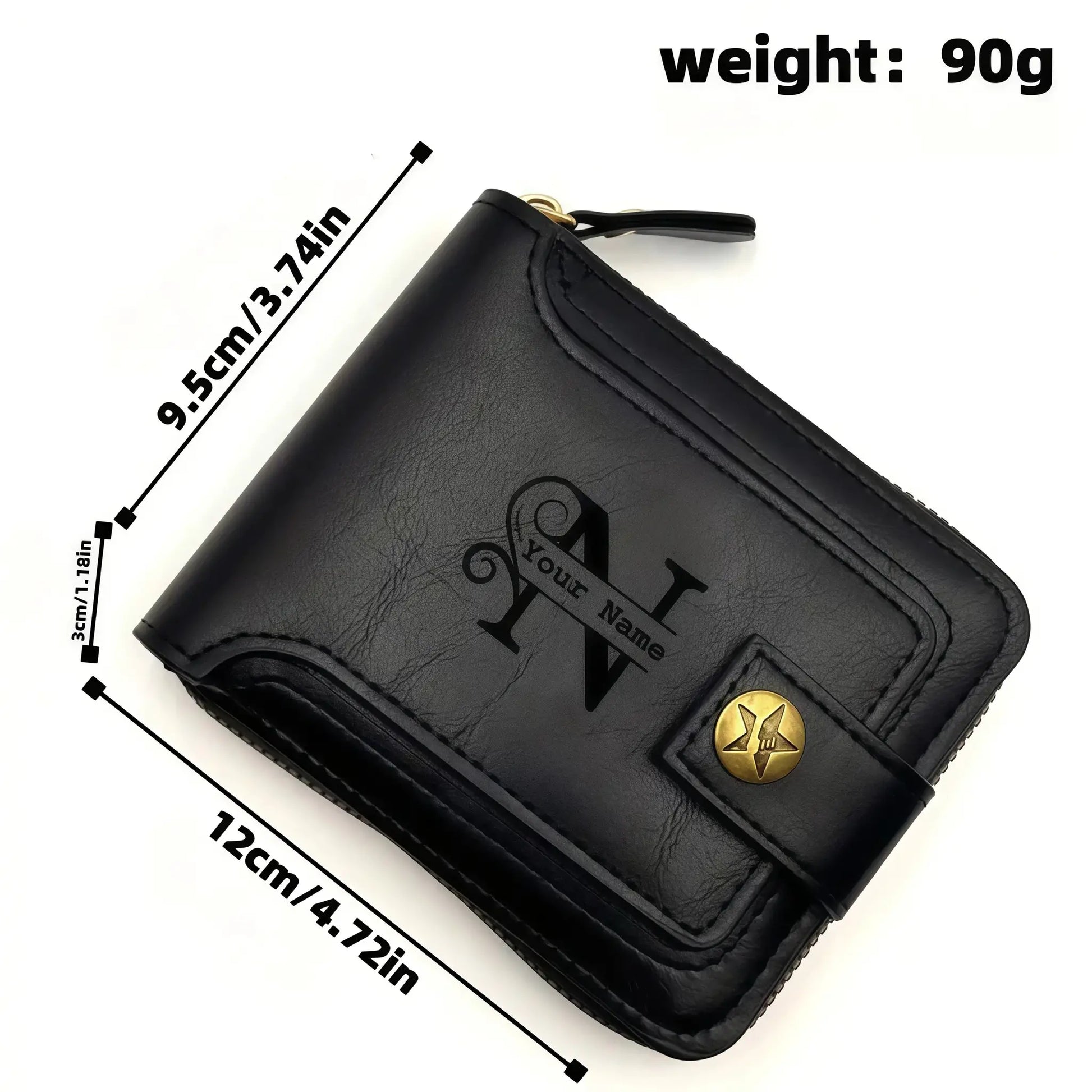Men's black PU leather chain wallet with bifold design; personalized engraving option, Simples Market.