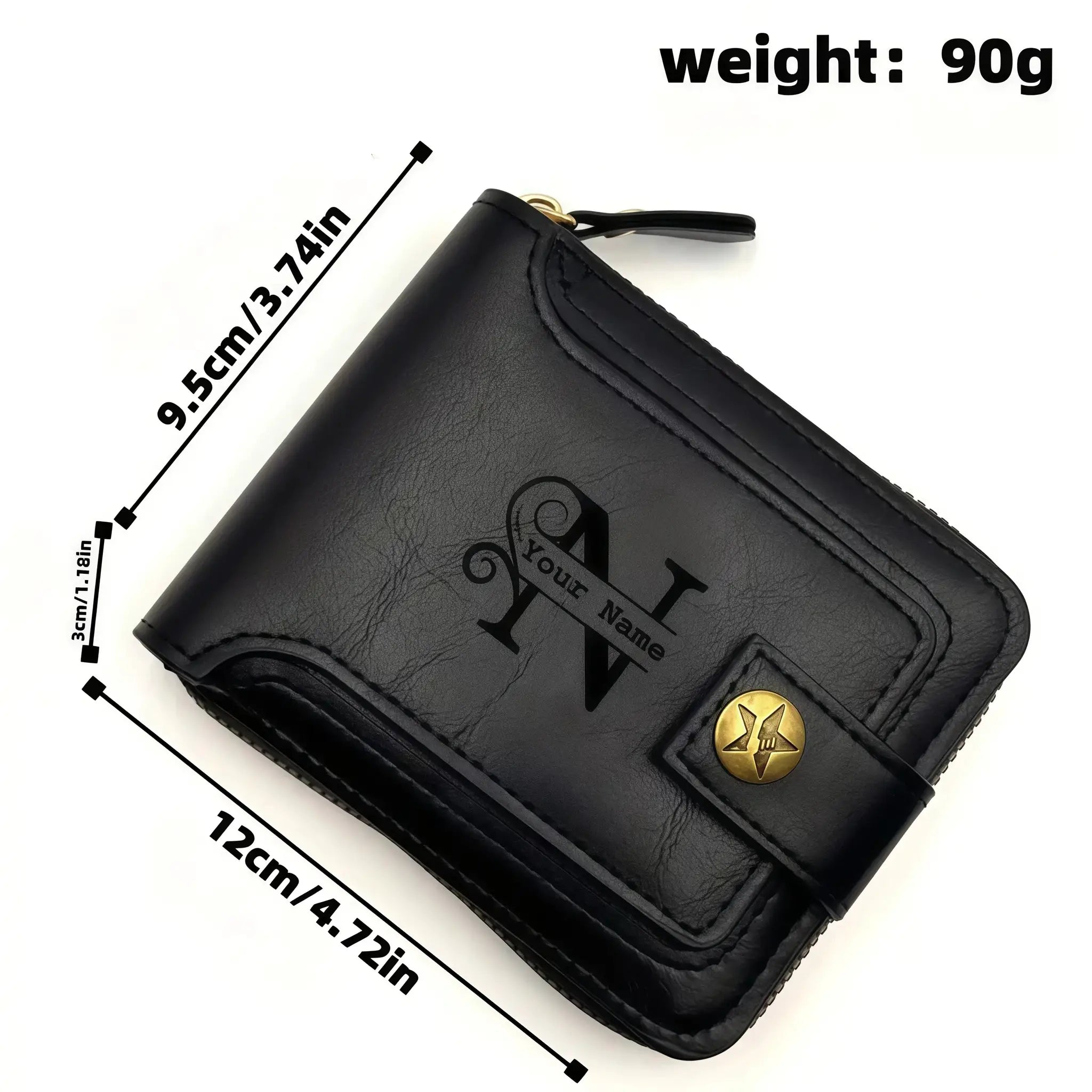 Men's black PU leather chain wallet with bifold design; personalized engraving option, Simples Market.
