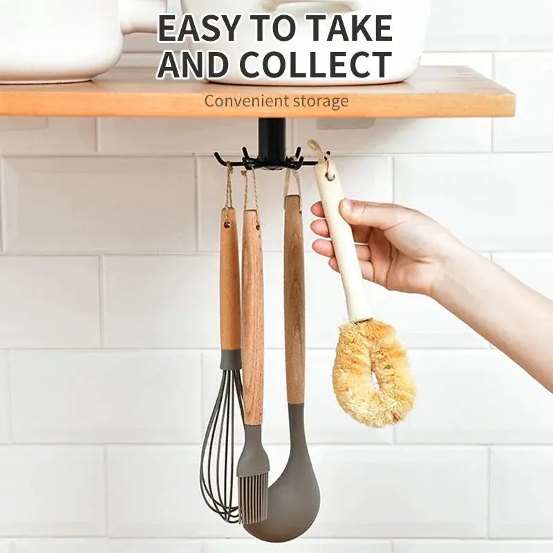 360-degree rotating adhesive utensil rack with 6 hooks, under-cabinet mount for spoons and utensils