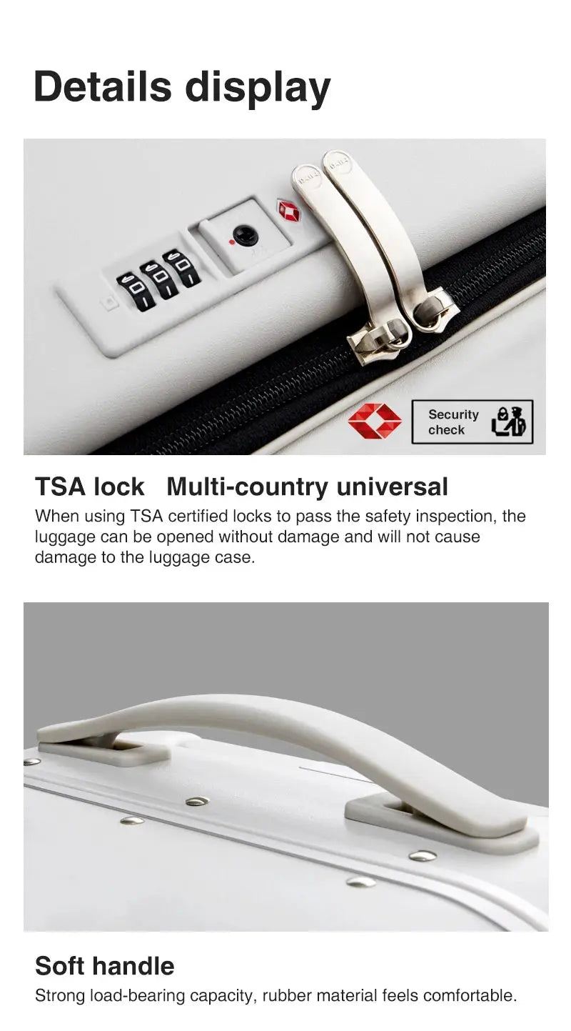 Carry-on rolling suitcase with aluminum frame and TSA lock, white exterior