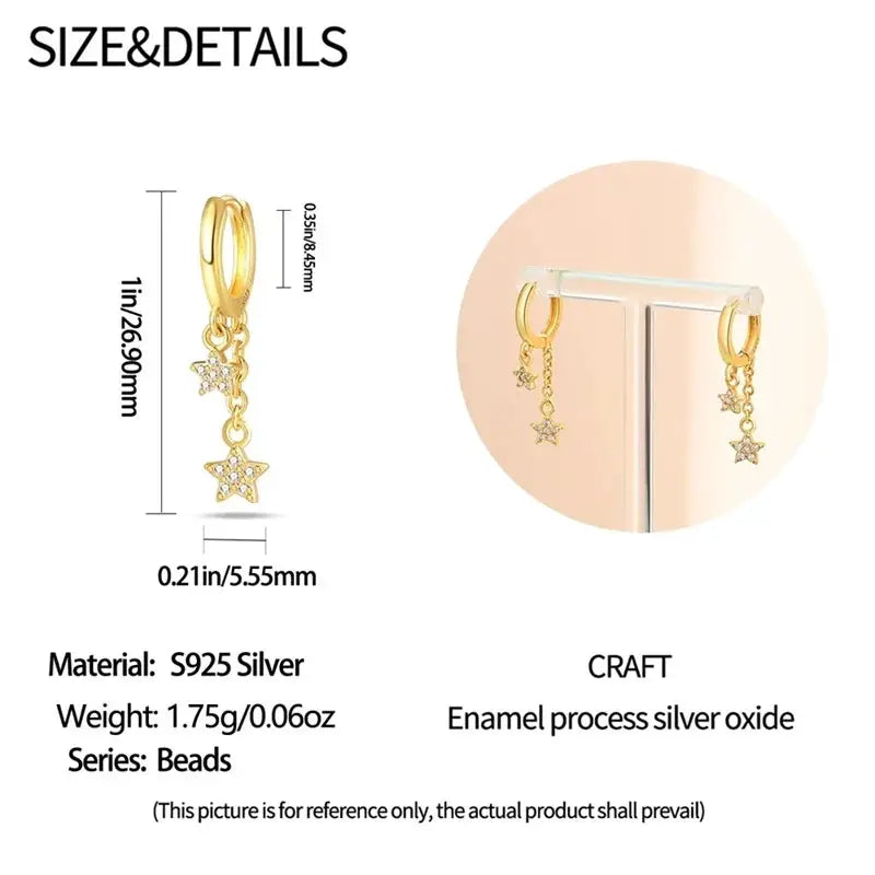 Golden hoop earrings with star charms, 2-piece 925 silver set by Simples Market