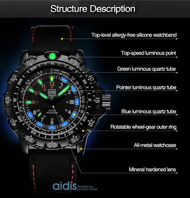 Addies military watch with silicone strap and red stitching, waterproof all-metal case, luminous hands