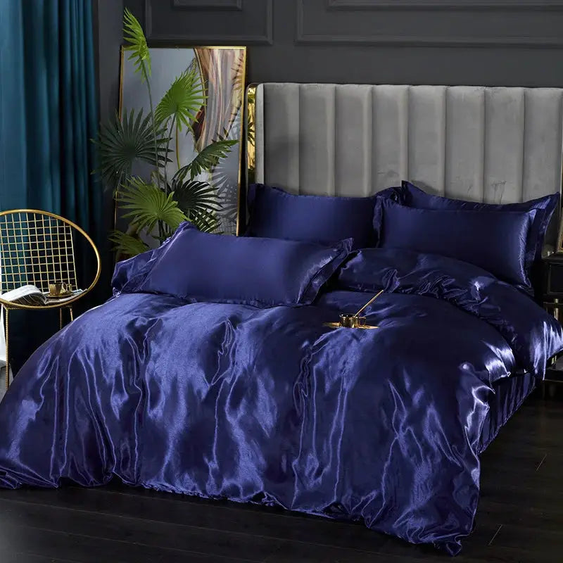 Silk bedding set in solid deep blue with duvet cover, bedsheet and pillowcases