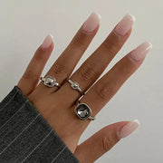 Grey crystal geometric rings for women in silver tone, featuring square and round zircon accents worn on fingers (set of 3)