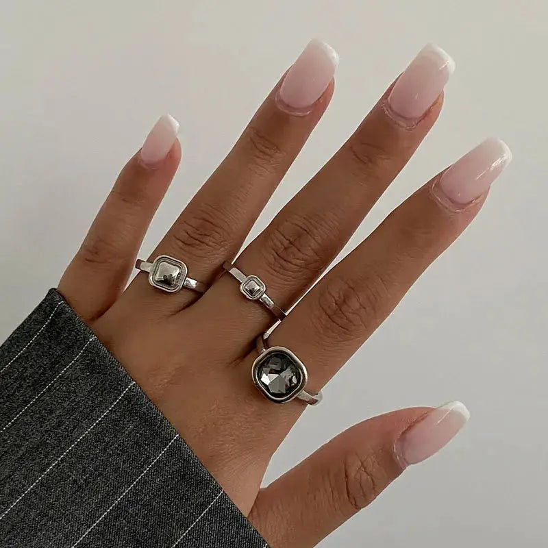 Grey crystal geometric rings for women in silver tone, featuring square and round zircon accents worn on fingers (set of 3)