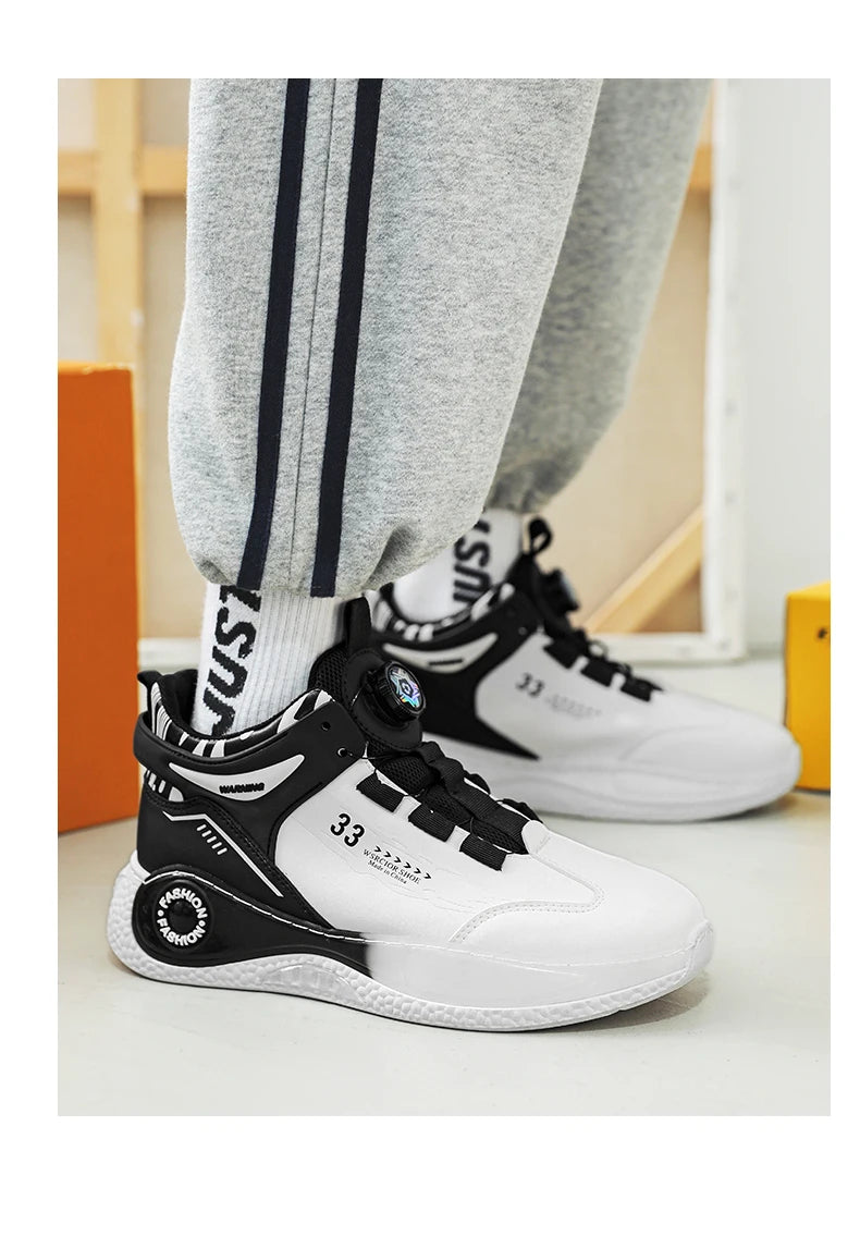 Men's sneakers Simples Market with rotating buckle, white and black lace-up, non-slip sole for outdoor activities
