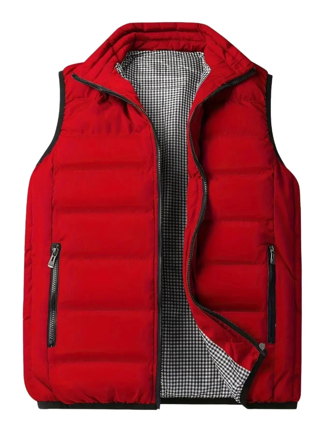 Simples Market men's red puffer vest, sleeveless windproof jacket with black zippers and checkered lining