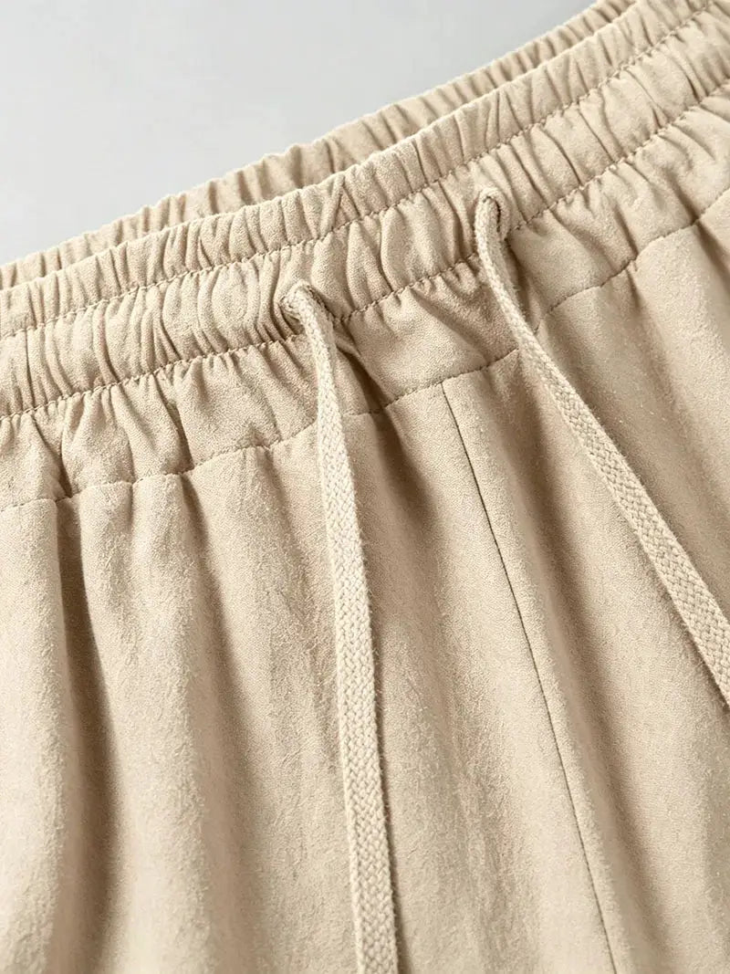 Beige men's cotton-linen blend cargo jogger pants with elastic waist and drawstring