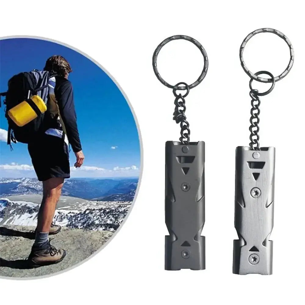 Double pipe whistle pendant keychain, gray metal, high decibel outdoor survival tool, 2 pcs