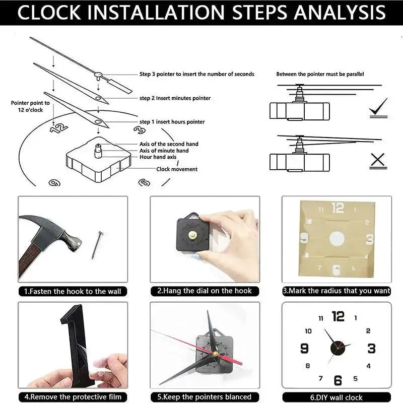 3D frameless DIY wall clock with wall stickers by Simples Market; 6-step installation guide visuals