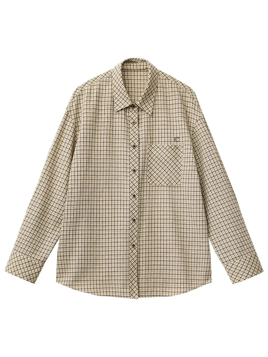 CHIC VEN women's long-sleeve shirt, beige plaid, loose casual fit with a contrast chest pocket.