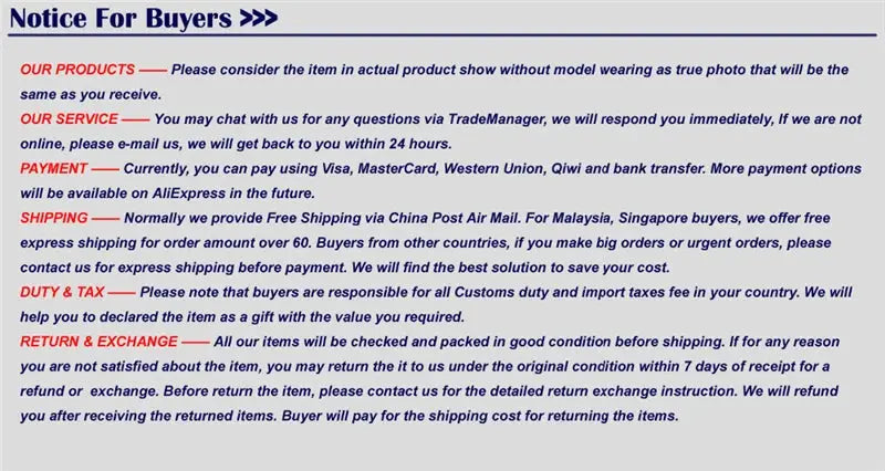 Notice for buyers banner detailing product, service, payment, shipping, duties and returns