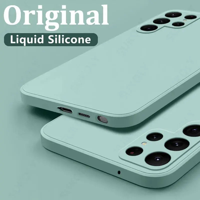 Samsung Galaxy liquid silicone phone cases, two mint-green, shockproof protection for S26/S24/S23/S22/S25 series.