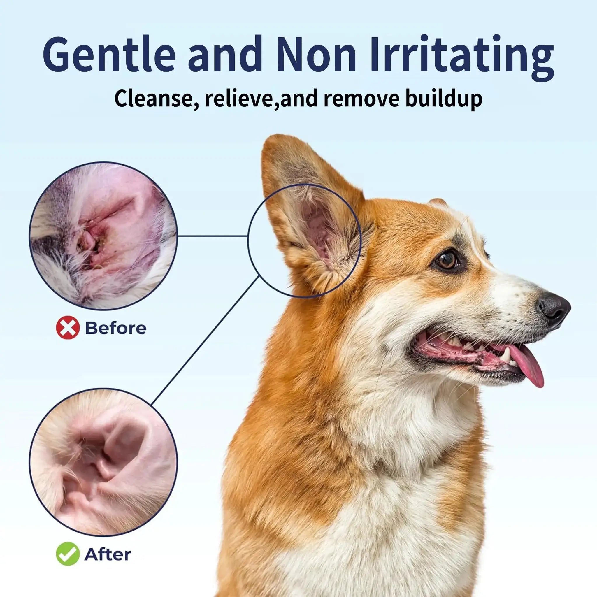 PetClear 60ml Natural Ear Drops for dogs and cats by Simples Market; gentle ear care, before/after comparison