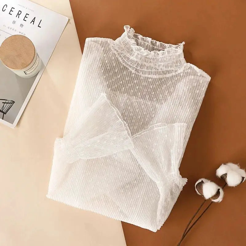 Mesh blouse, white sheer with a ruffled high neck and long sleeves