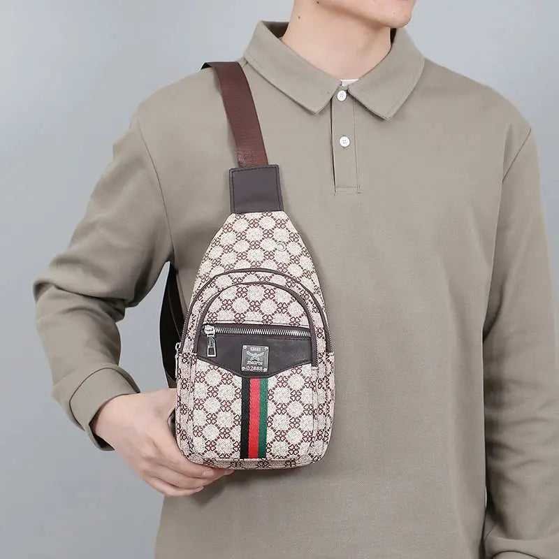 Men's crossbody messenger bag by Simples Market in beige fabric with brown strap and green–red stripe
