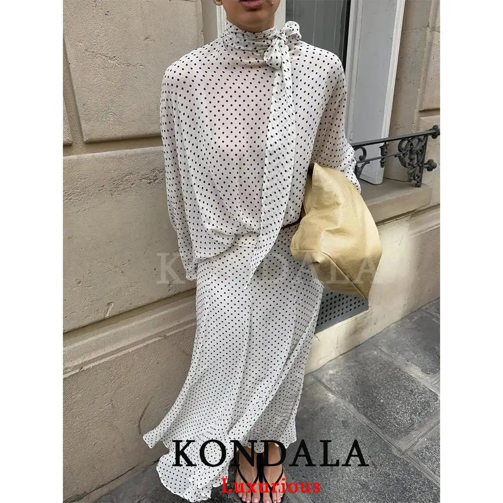 Kondala Polka Dot Women Sets Chiffon Bow Tie Blouses Skirts 2026