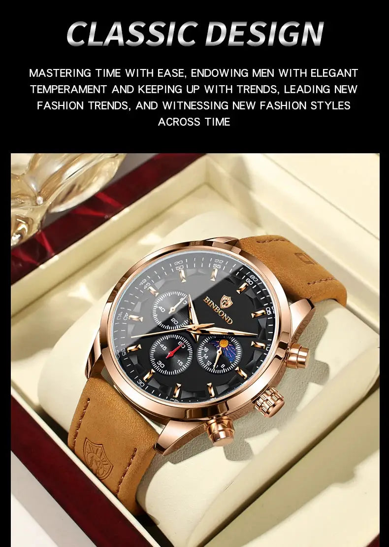 Wristwatch BINBOND men's rose-gold chronograph with black dial, three subdials, and tan leather strap