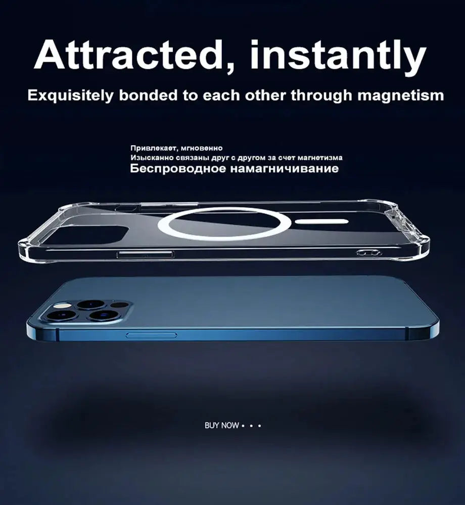 Luxury magnetic MagSafe wireless charger with a transparent bumper case and blue iPhone (2 items)