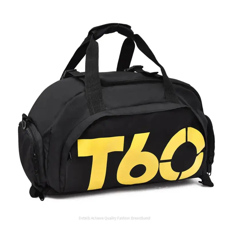 Gym bag black with bold yellow T60 print on the side, sporty fitness travel bag.