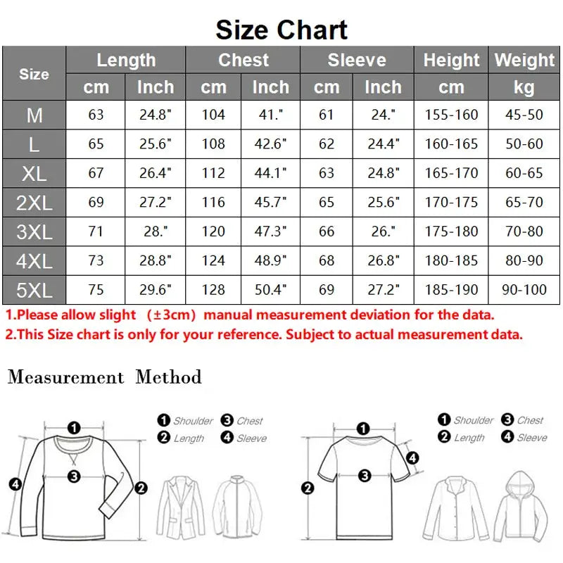 Men's white duck-down jacket size chart by Simples Market showing length, chest and sleeve measurements