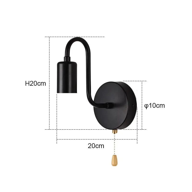 Nordic industrial iron black wall lamp with curved arm and pull-chain switch.